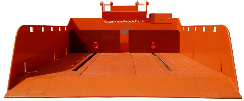 A custom mining product, the QDS Duckbill Ejector, is a large orange boat equipped with a ramp. It features a fully enclosed hydraulic system for efficient operations.